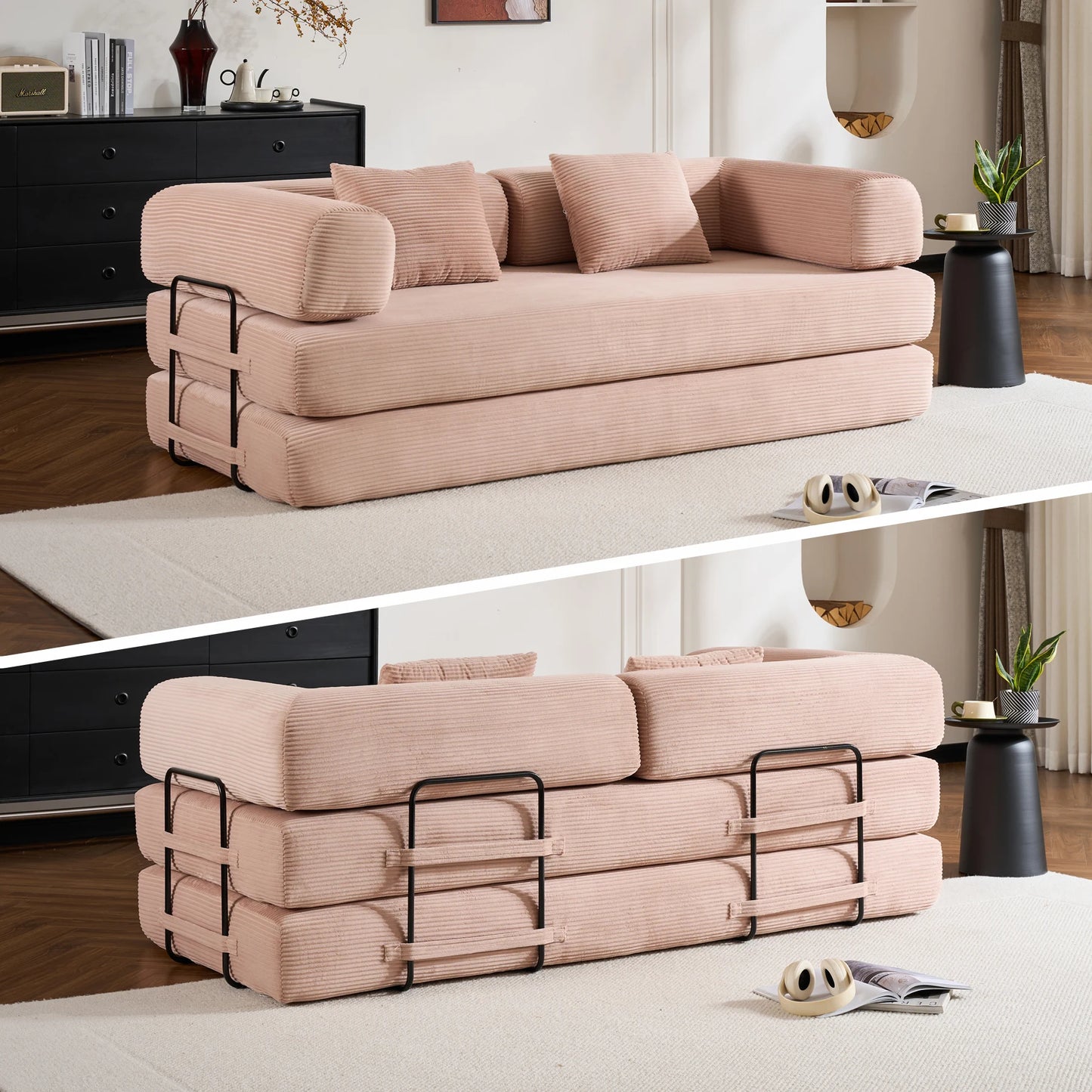 79" Convertible Sofa Bed with Fixed-Shape Frame & Removable Armrests, Corduroy Sofa, Mattress Couch for Small Spaces