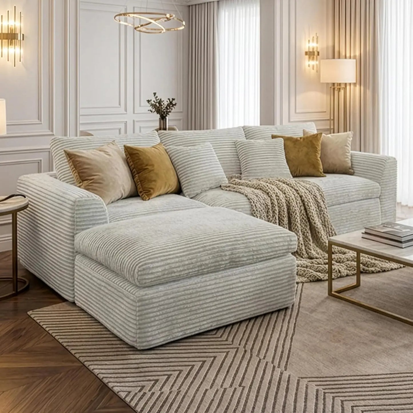 Boneless L-Shaped Modular Couch - 108 Inch Cloud Corduroy Sectional Sofa,Deep Seating Comfort, No Assembly, Ideal, Customized