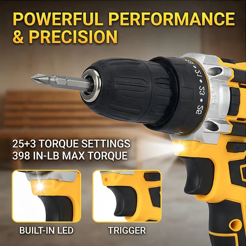 21V Cordless Impact Drill 2.0AH Rechargeable Battery Fast Charger Electric Screwdriver Adjustable Speed Torque LED Work Light Multi Drill Bits Storage Box Household Vehicle Maintenance Tool Holiday Gift For Men
