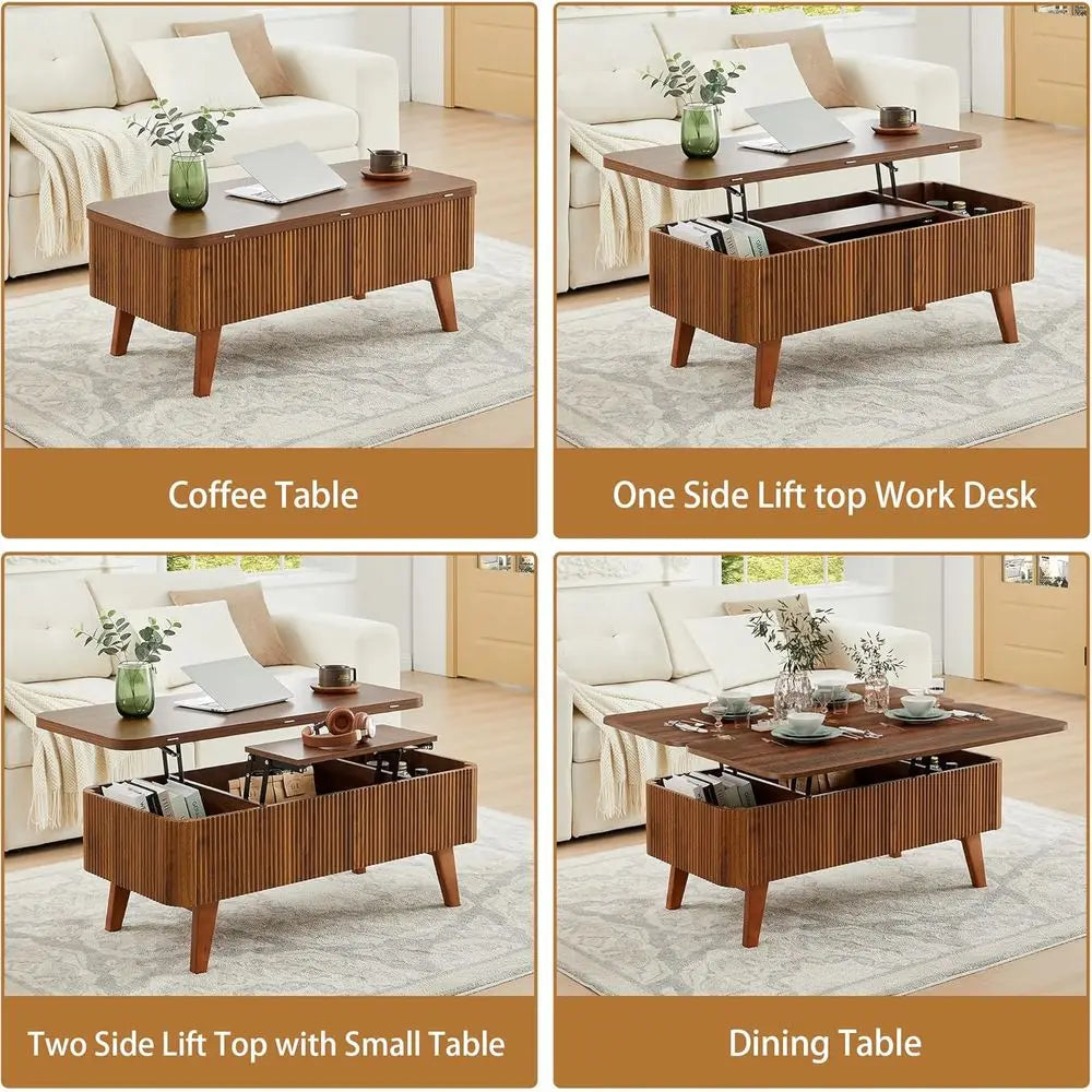 3-in-1 Coffee Table Converts to Dining Table, Walnut Oval Wooden Table with Storage for Small Spaces, Partial Assembly Required