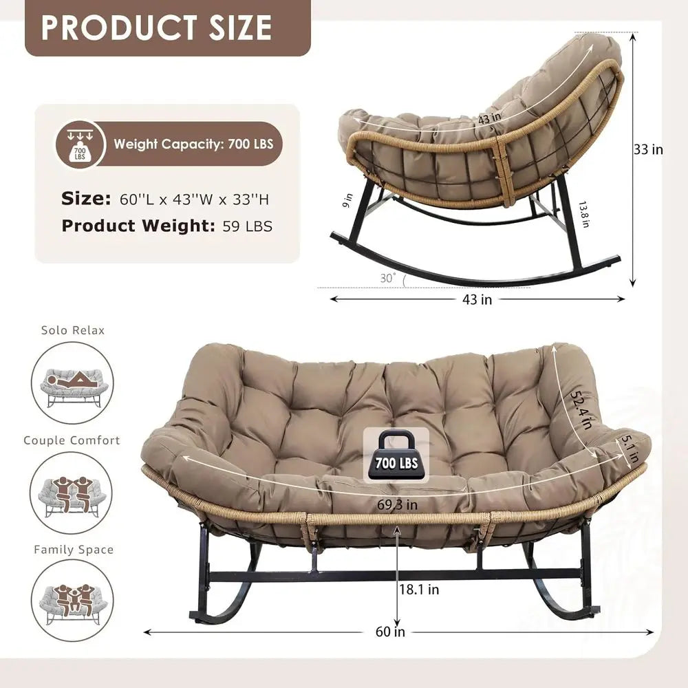Double Rocking Chairs, Oversized Egg Swing Chairs, 2-Person Wide Loveseat with Cushion, Comfortable Outdoor Furniture for Patio,