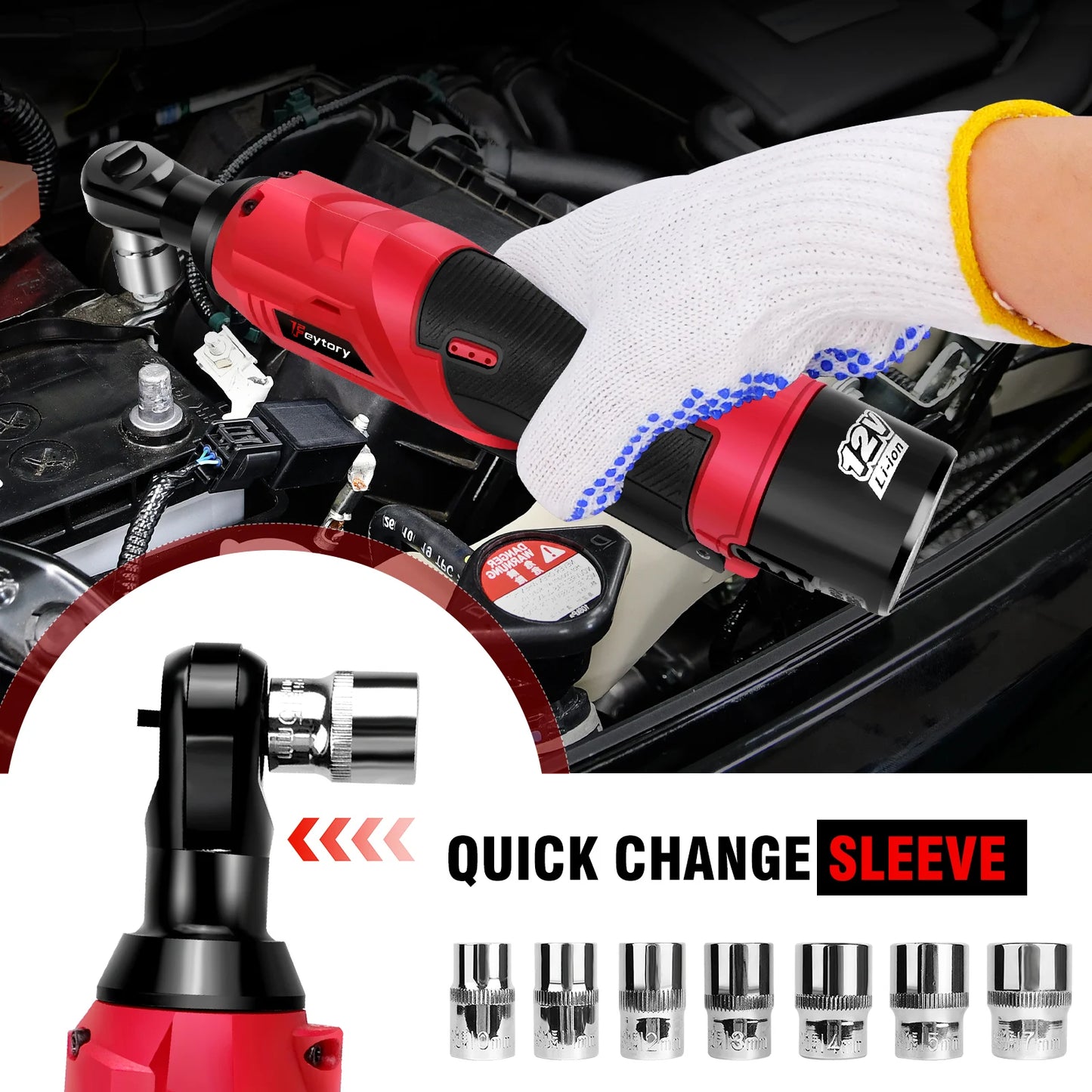 DayPlus 3/8" Cordless Electric Ratchet Wrench,12V Power Ratchet Tool 200NM with 2X 1500mAh Batteries 90° Angle Wrench,7 Sockets