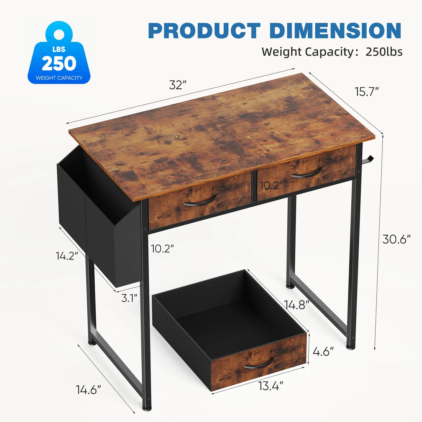 JHK 32 Inch Modern Office Computer Desk with Fabric Storage Drawers Space Side Bag Metal Frame Adjustable Feet For Home PC Table