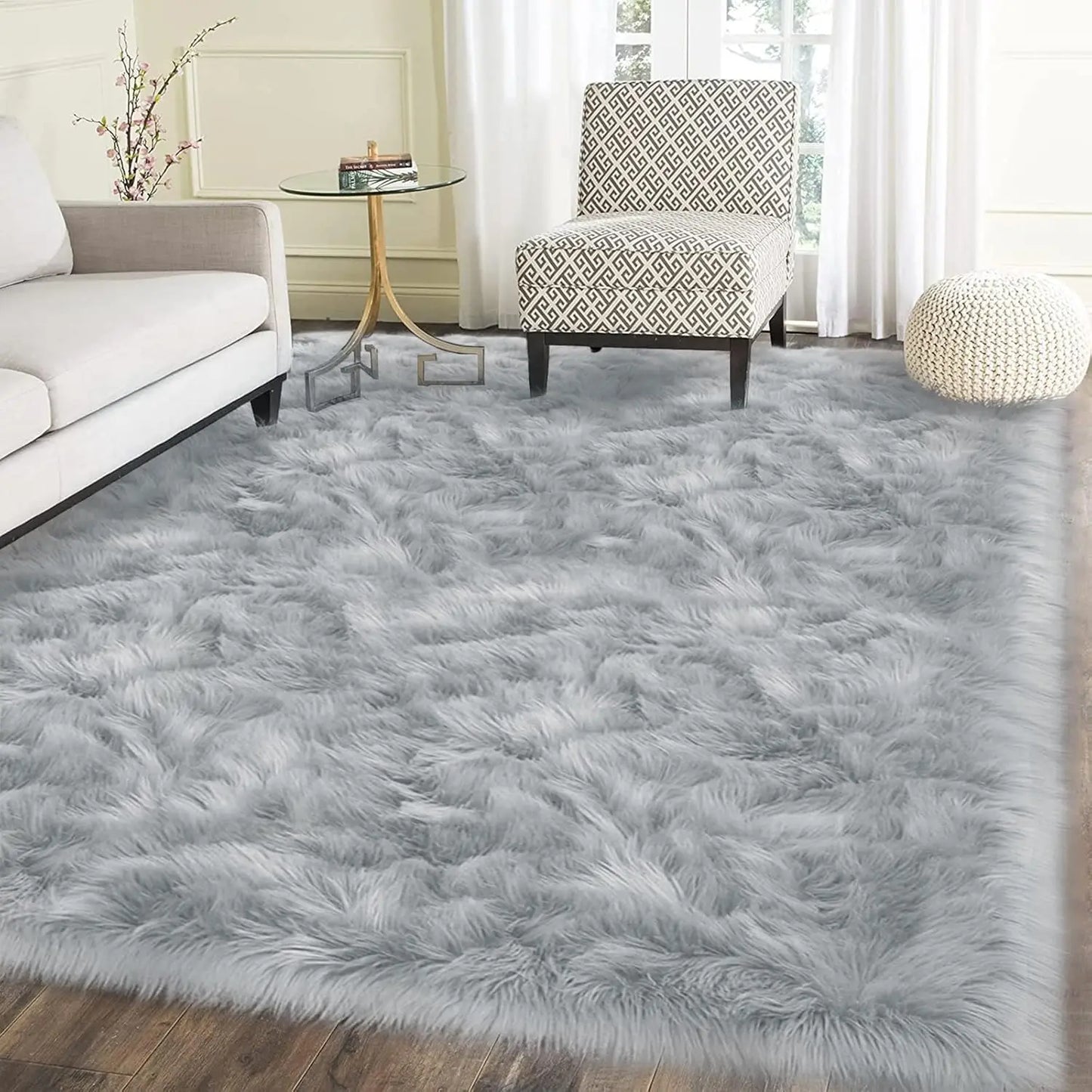 Faux Fur Gray Rectangle Non-Slip Thick Fluffy Carpets for Bedroom Plush Artificial Wool Area Rugs for Living Room Home Decor