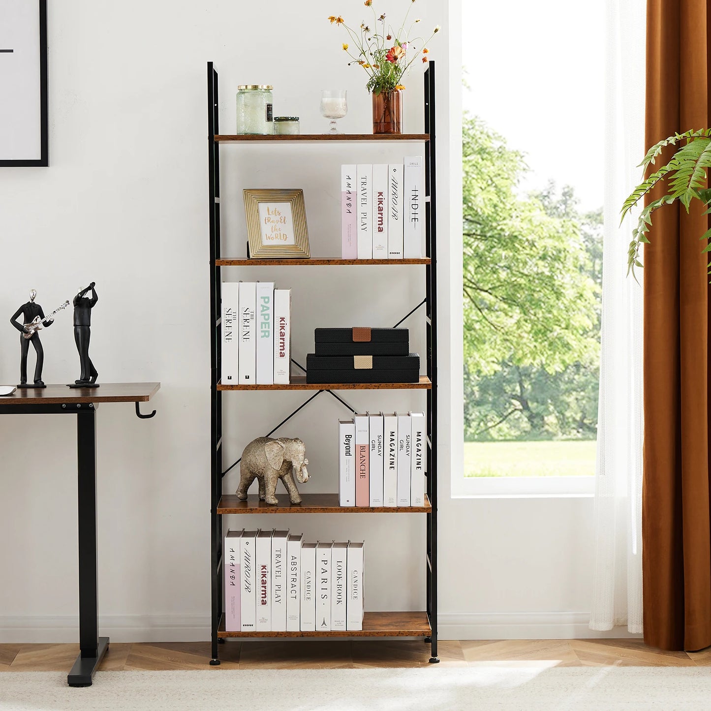 JHK 5 Tier Bookcase Bookshelf Modern Book Case For Books Corner Storage Organizer for Bedroom Home Office Kitchen Living Room
