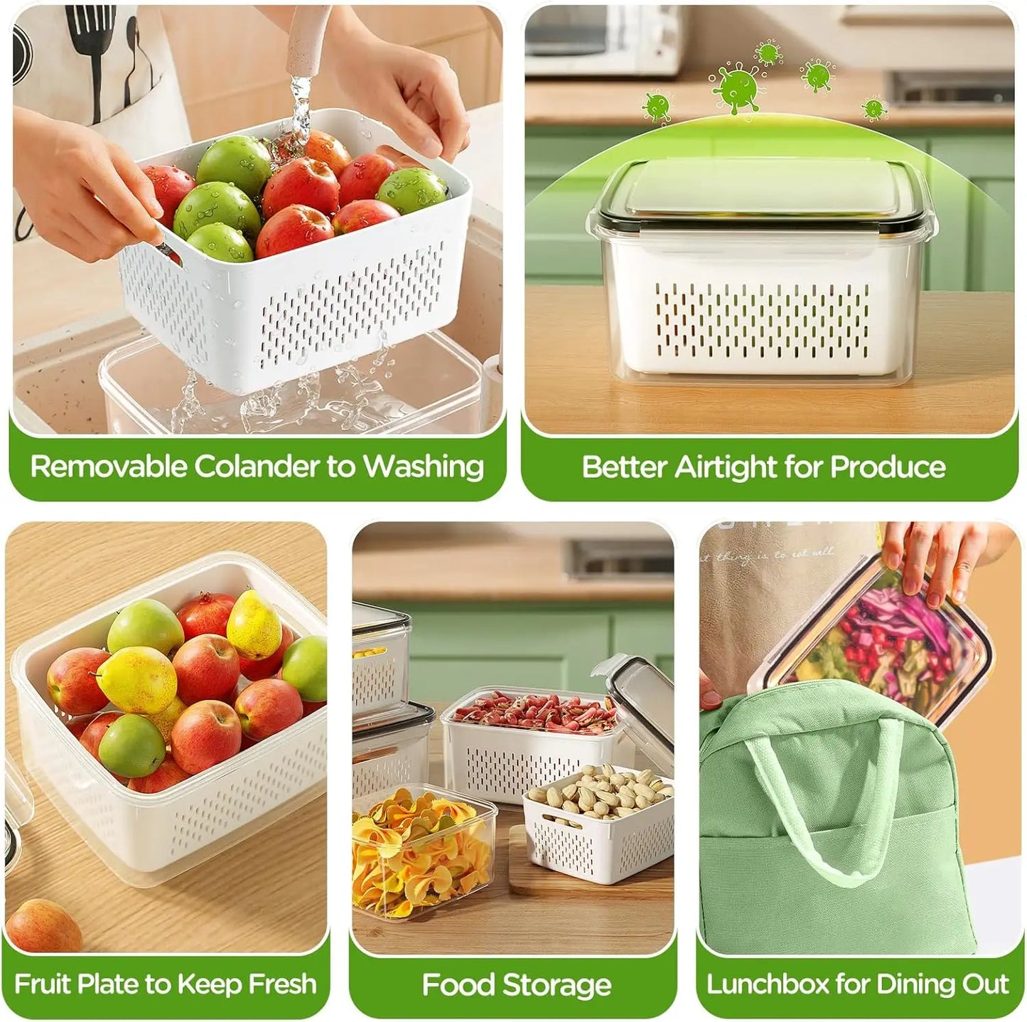 Fruit Storage Containers for Fridge Produce Containers with Removable Fruit Washing Bowl with Strainer for Salad Berry Lettuce