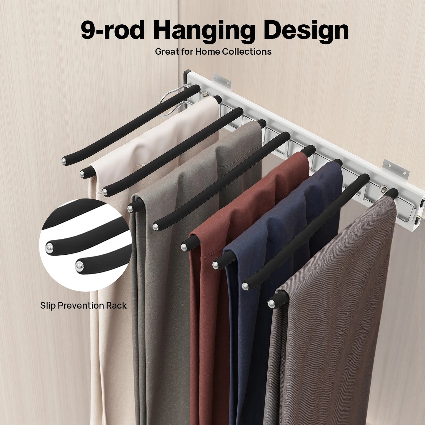 Pull Out Trousers Rack 9 Rods Retractable Wardrobe Pants Organizer Left/Right Wall Mount Space-Saving Closet Storage Rack