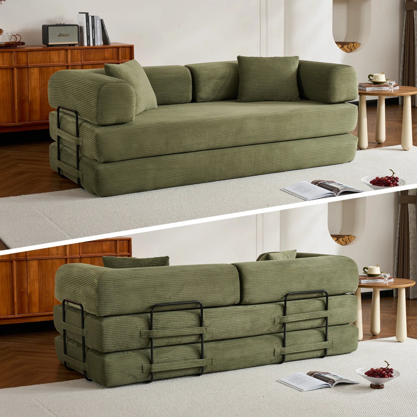 79" Convertible Sofa Bed with Fixed-Shape Frame & Removable Armrests, Corduroy Sofa, Mattress Couch for Small Spaces