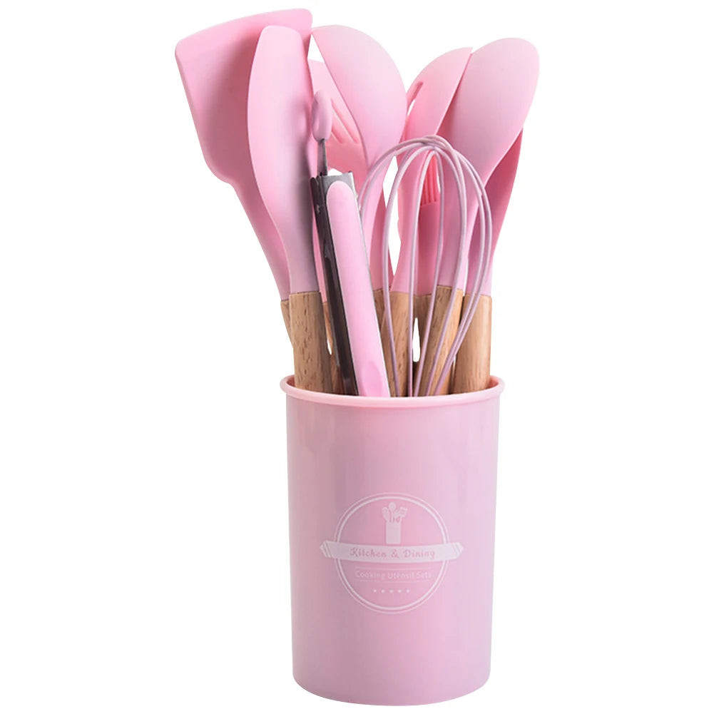 12Pcs Kitchen Utensil Set Cooking Tools Kit Wooden Handle Non-Stick Spatula Set Spatula Spoon Brush Whisk Kitchen Supplies