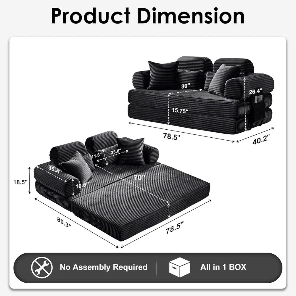 Convertible Sleeper Sofa Bed, 78.5 Corduroy Loveseat Couch, Queen to King Size Memory Foam Sofa, Black, No Assembly Needed
