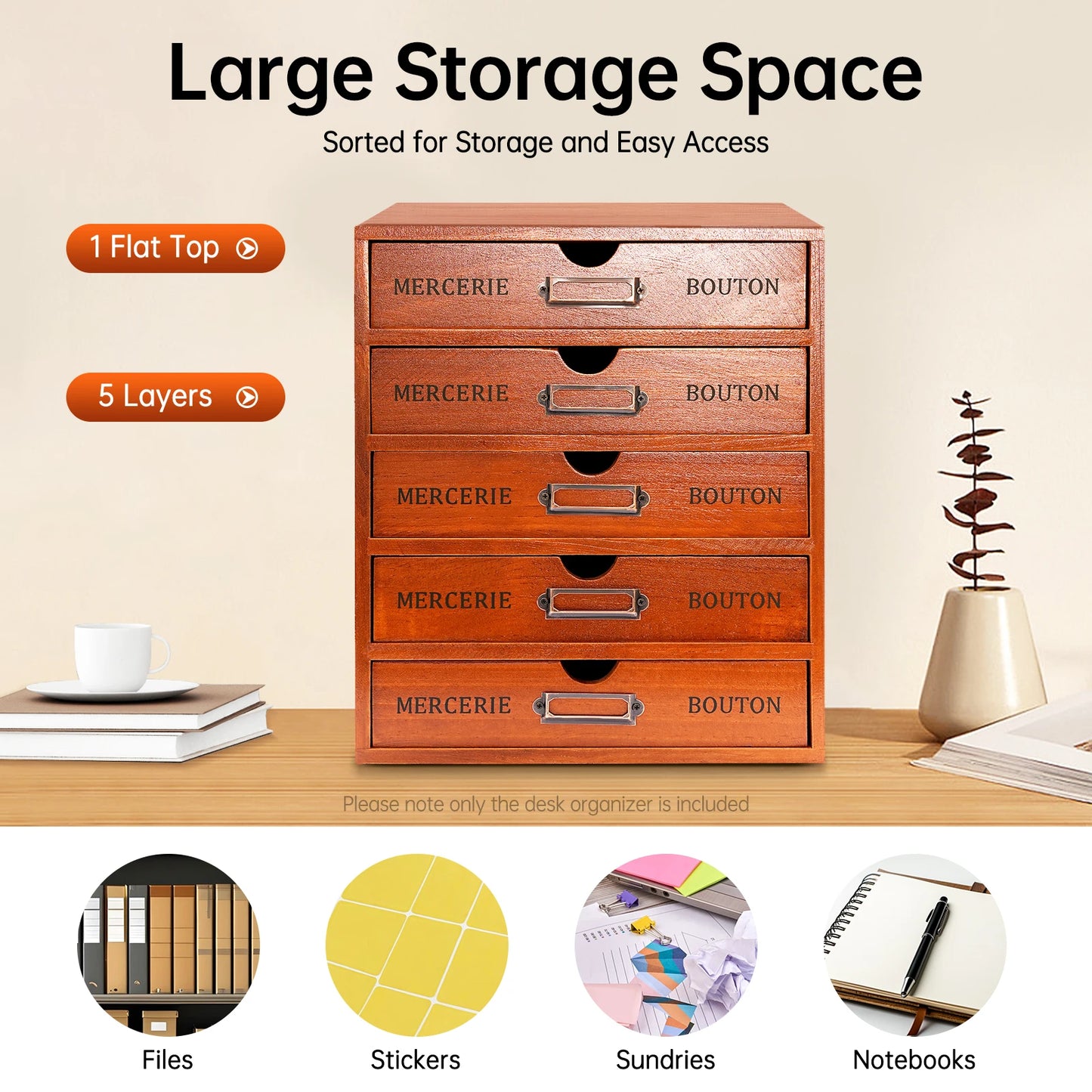 5 Drawer Wooden Desk Organizer 23*17.5*5cm Storage Drawers Vintage Shelf Drawer Used in an Office Study Bedroom Dresser