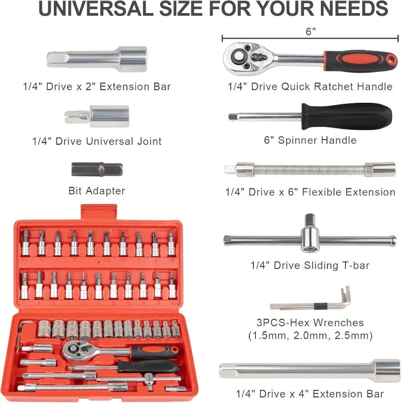 46PCS 1/4" Drive Socket & Ratchet Set, Metric Small Wrench Set with Extension Bar, Compact Car Tools