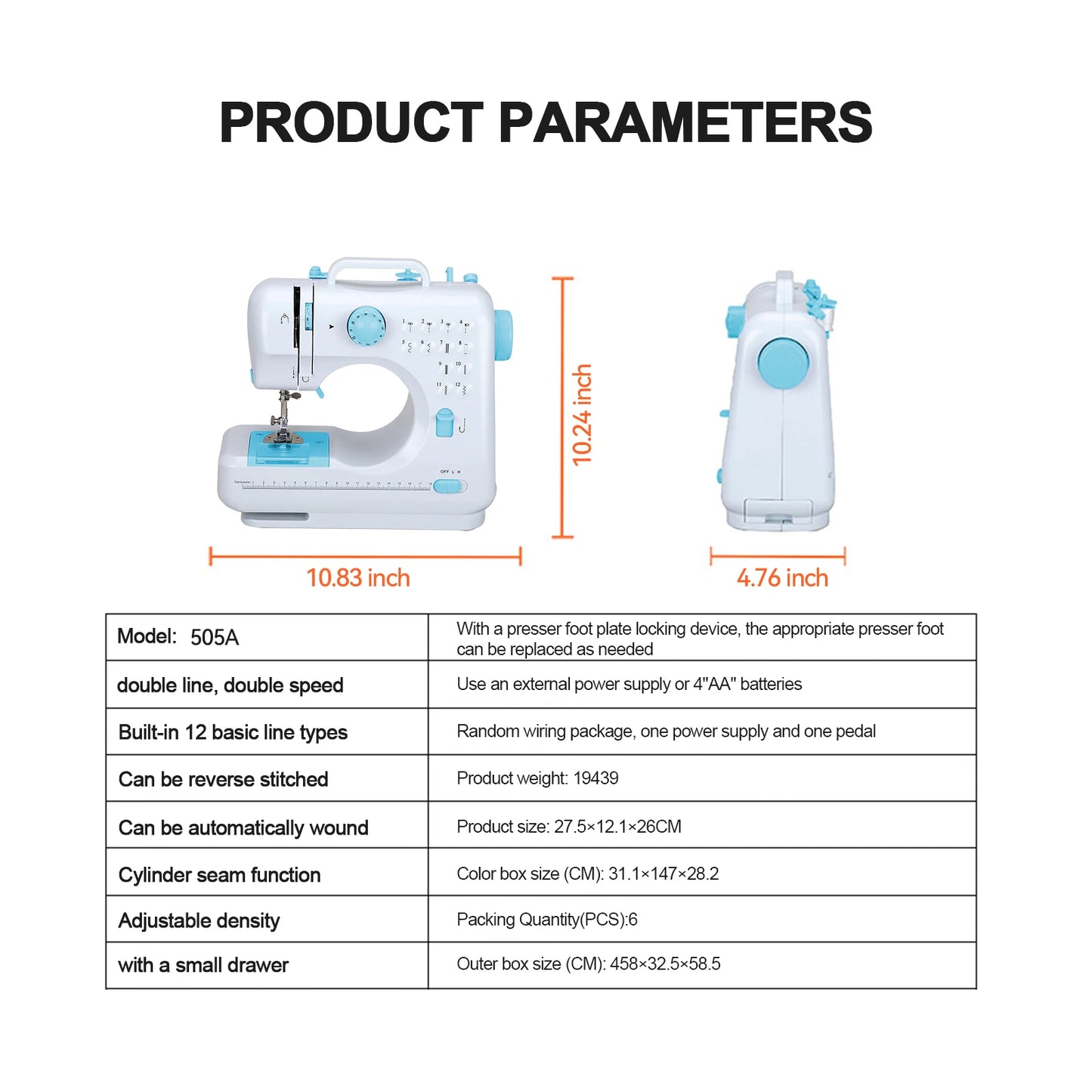 505A Mini Sewing Machine with Expansion Board 11pcs Presser Feet 97pcs Sewing Kit US 110V Blue Automatic winding design