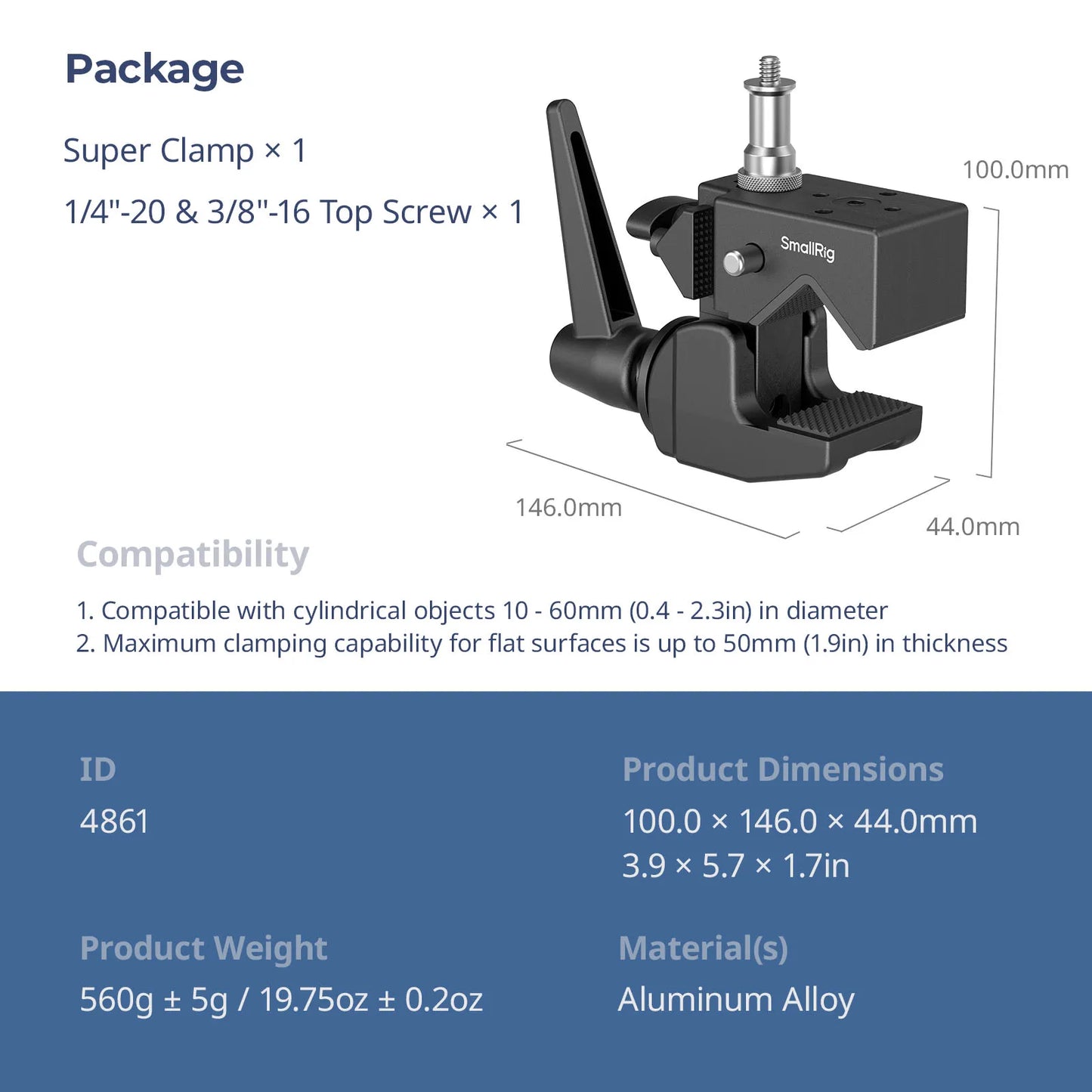 SmallRig Super Clamp Support Kit Aluminum Alloy Load 15kg with 1/4"-20 Top Screw for Cameras Microphones Monitors Video Lights