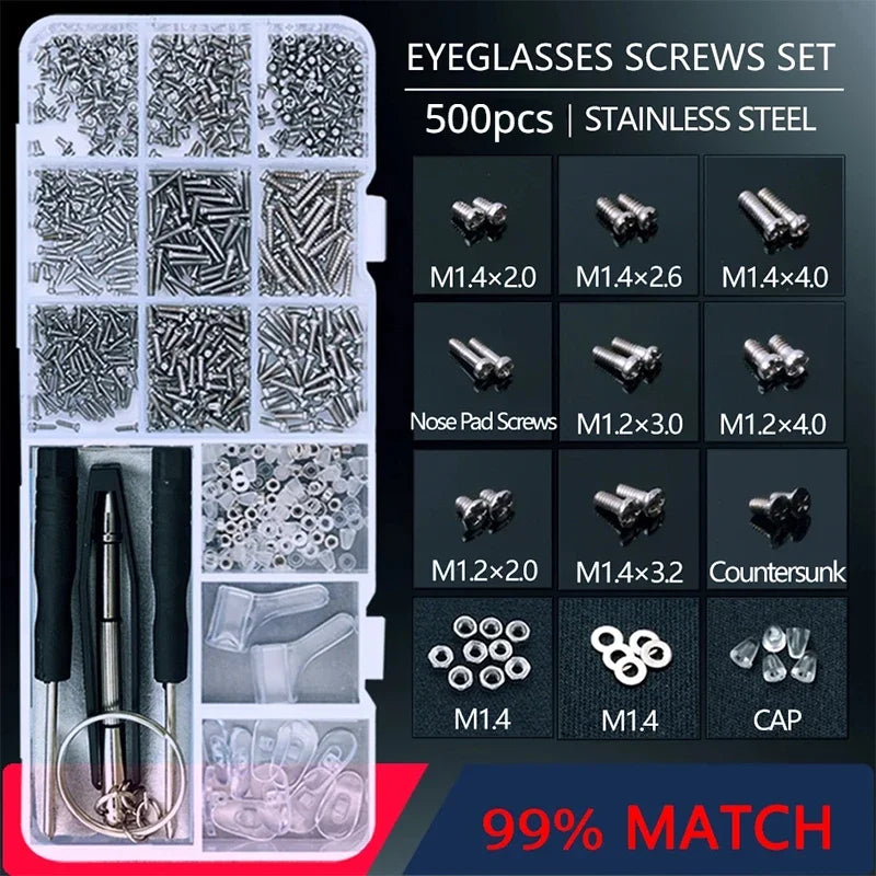 500pc Eyeglasses Sunglasses Repair Kit Tool Glasses Screwdriver Screws Sets Nuts Nose Pad Optical Repair Tool Parts Assorted2030