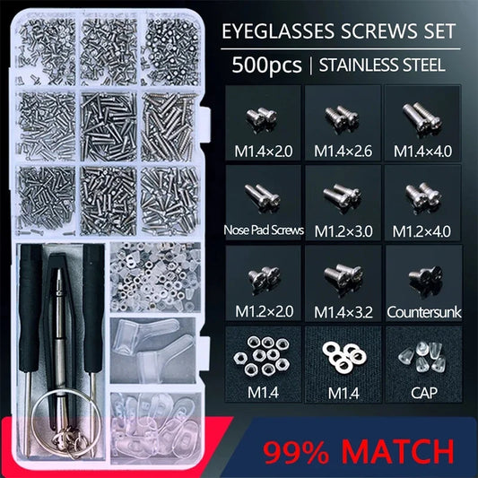500pc Eyeglasses Sunglasses Repair Kit Tool Glasses Screwdriver Screws Sets Nuts Nose Pad Optical Repair Tool Parts Assorted2030