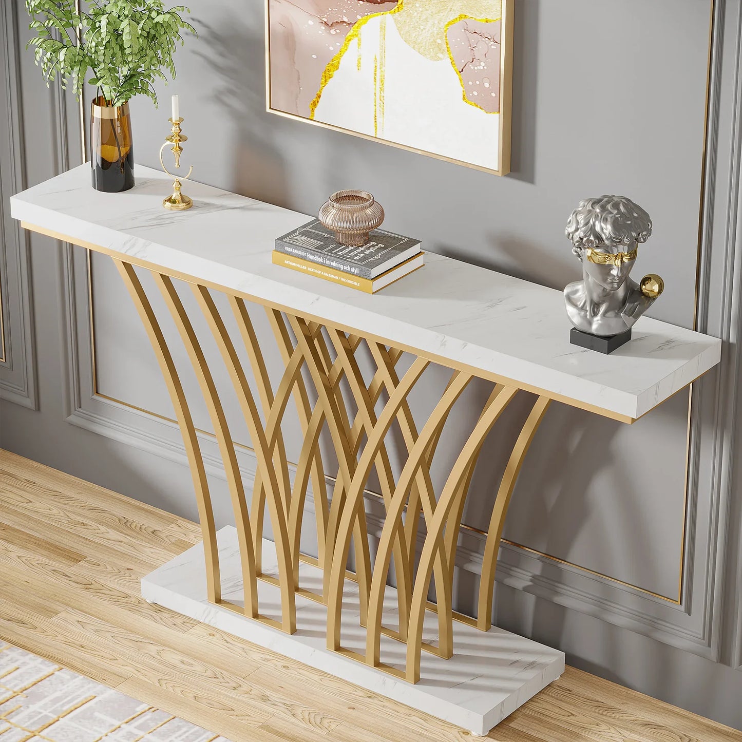 Tribesigns 59 inch Gold Console Table, Modern Entryway Table with Grid-Shaped Metal Base for Entrance, Hallway, Entryway