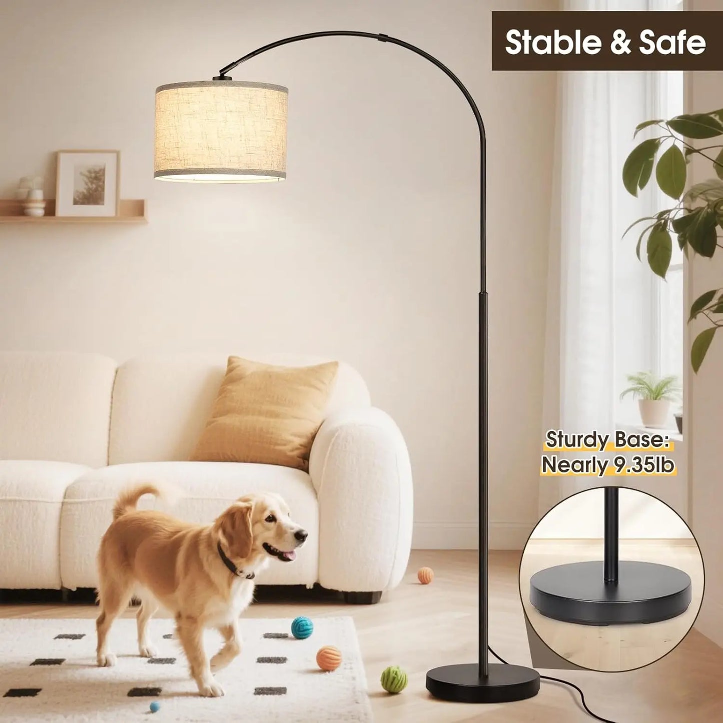 Dimmable Arc Floor Lamp with Adjustable Shade, Modern Black Standing Light for Living Room Bedroom, Includes 9W LED Bulb