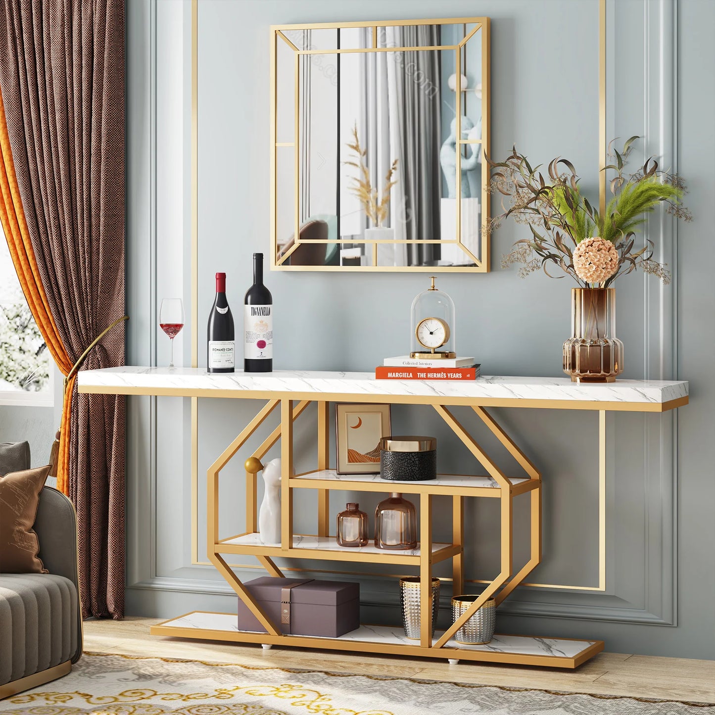 Tribesigns Console Table, Modern Gold Sofa Table Behind Couch with Storage, 4 Tier Entryway Accent Table