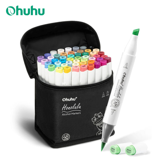 Ohuhu Honolulu 48 Colors Marker Pen Set Alcohol Art Markers Refillable Dual Tips Sketching Drawing Manga School Art Supplies