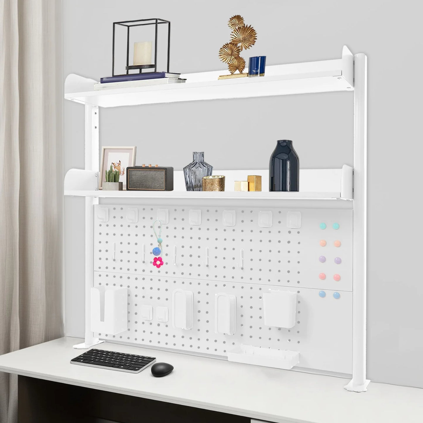 Clip On Desktop Bookshelf Organizer 2 Tier Open Shelf With Pegboard Back Multipurpose Countertop Storage For Stationery Books
