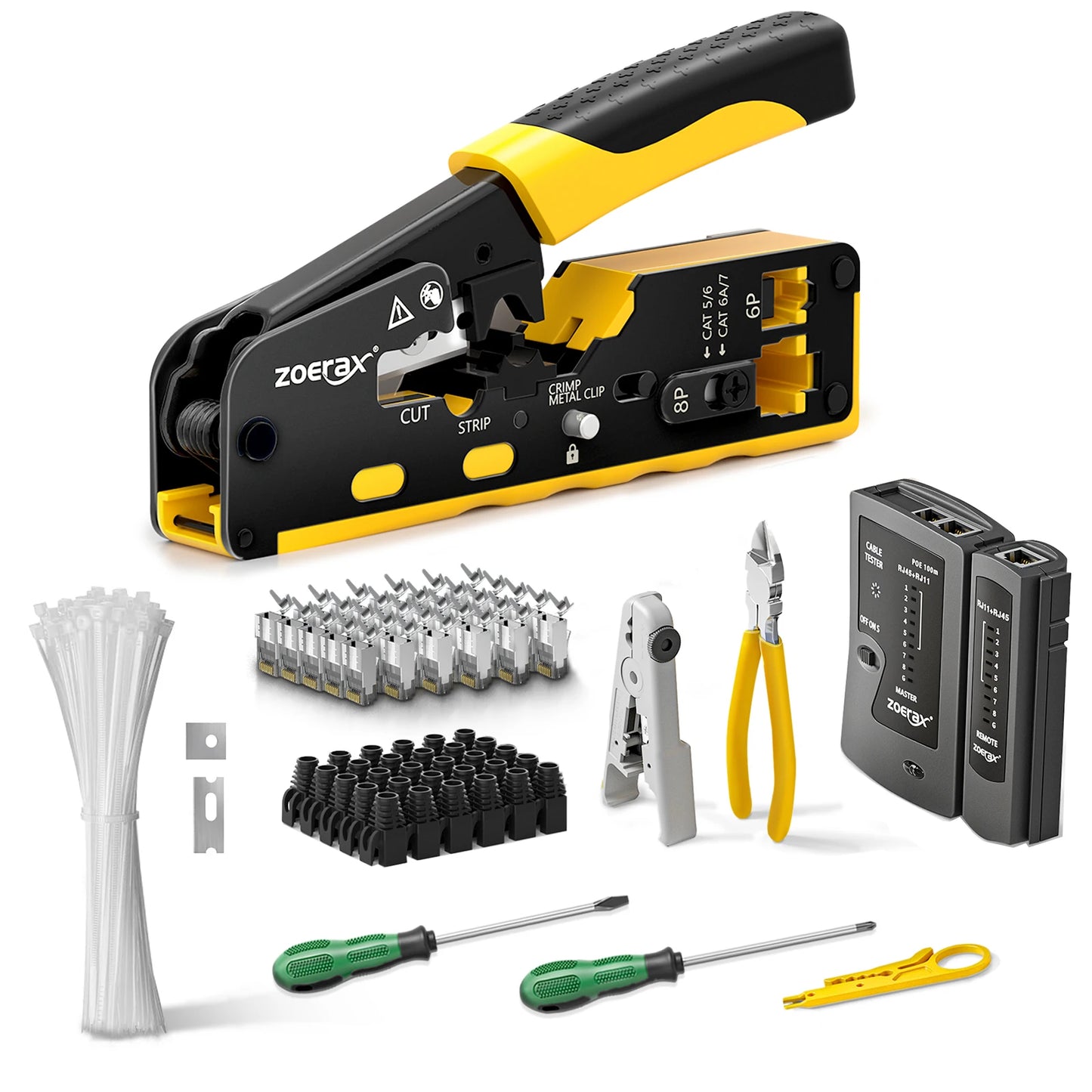 ZoeRax 11 in 1 RJ45 Cat7 Cat6A Crimp Tool Kit,Cable Tester,Wire Cutter,Blades Cat7 Connectors and Boots Cable Ties screwdrivers