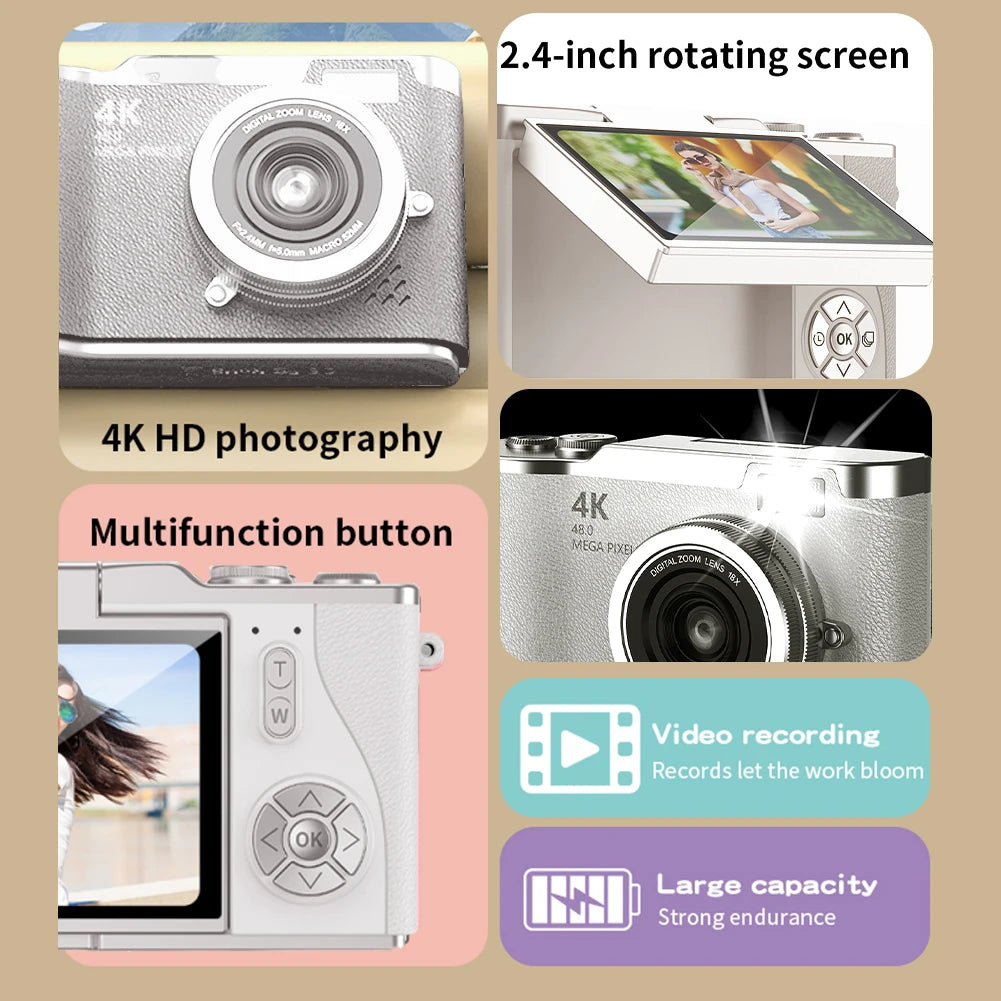 4K Digital Camera 48MP Portable CCD Camera 8X Zoom Compact Small Camera 180 Flip Screen Vintage Camera for Teens Adult Beginner